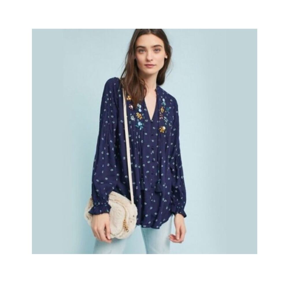 Vanessa Virginia‎ Anthro Blue Long Sleeve Floral Jeweled Top Blouse 12